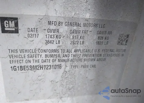 2017 Chevrolet Cruze Lt Auto z USA, uszkodzony, nr VIN 1G1BE5SM2H7231016